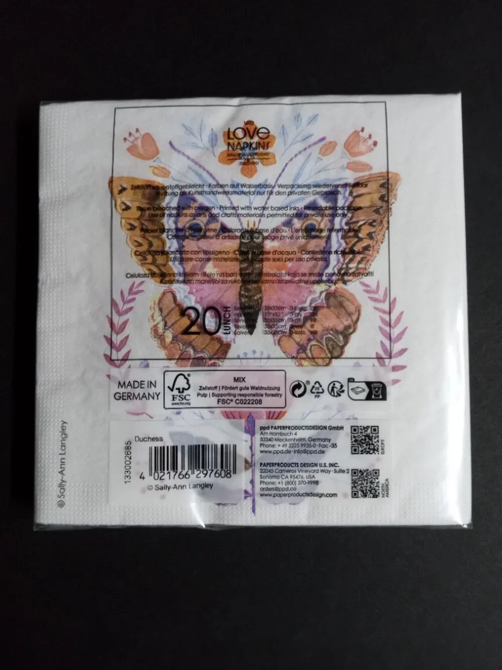 PPD Duchess Butterfly Floral Paper Napkins 20 Pack Luncheon 6.5